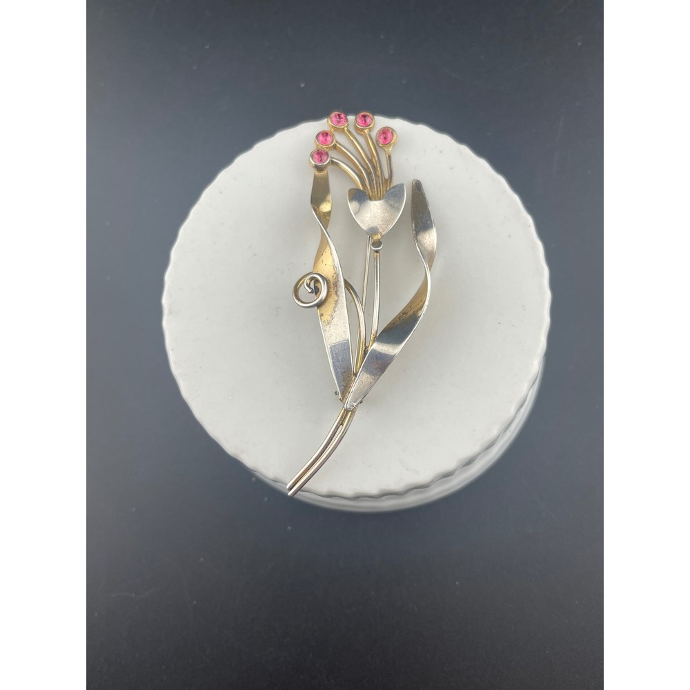 Vintage Sterling Vermeil Modernist Floral Brooch Pink Rhinestone Mid Century Pin